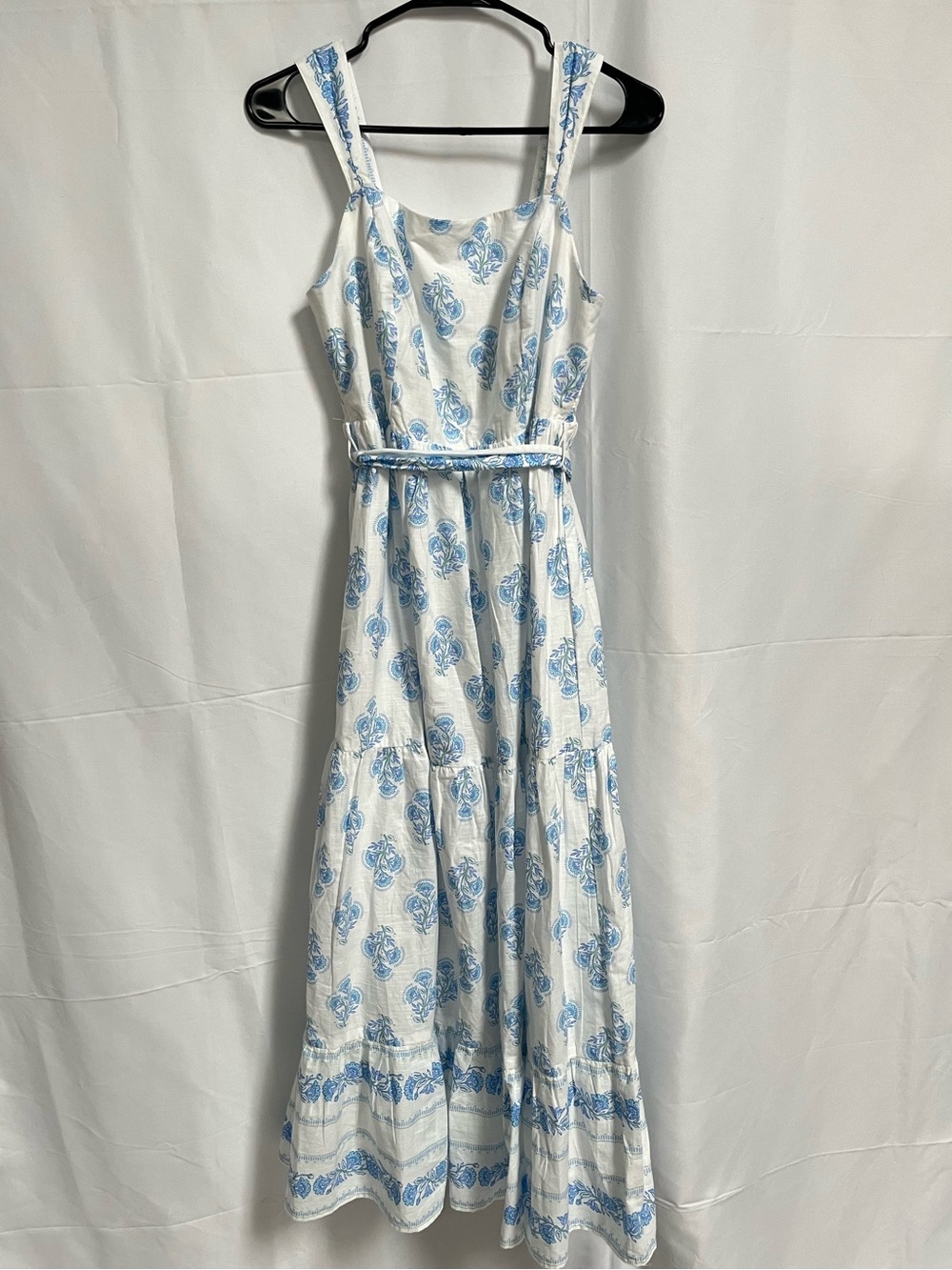 Haute Hippie White Maxi Dress with Blue Floral Print and Tie Waist